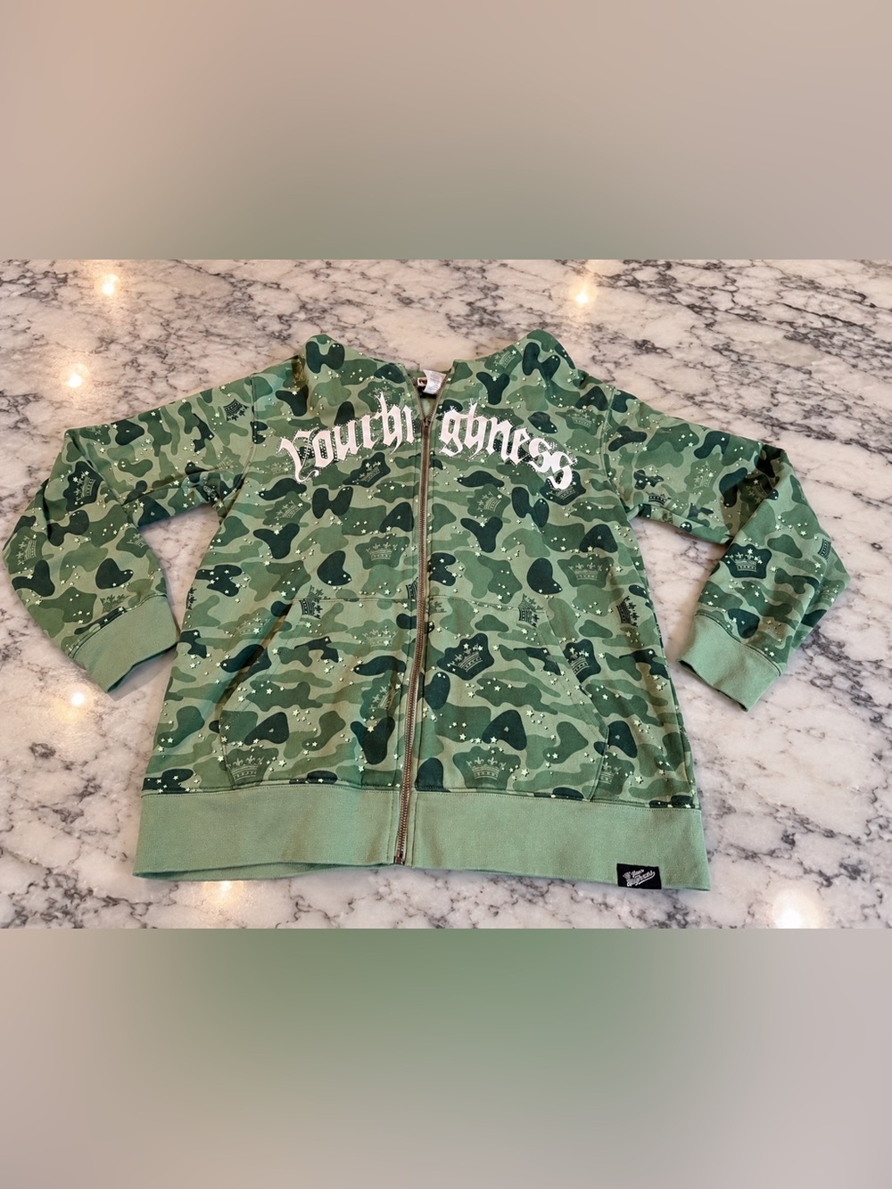 Your Highness Hoodie Womens Medium Green Camo Rhinestone Crown Full Zip Y2K